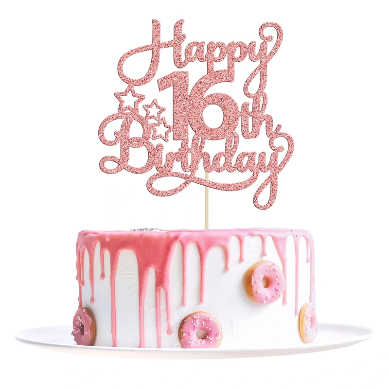 1 Pack Happy 16th Birthday Cake Topper Glitter Sweet 16 Cake Pick Birthday 16th Birthday Cake Decorations for Children 16th Birthday Theme Party Supplies Rose Gold