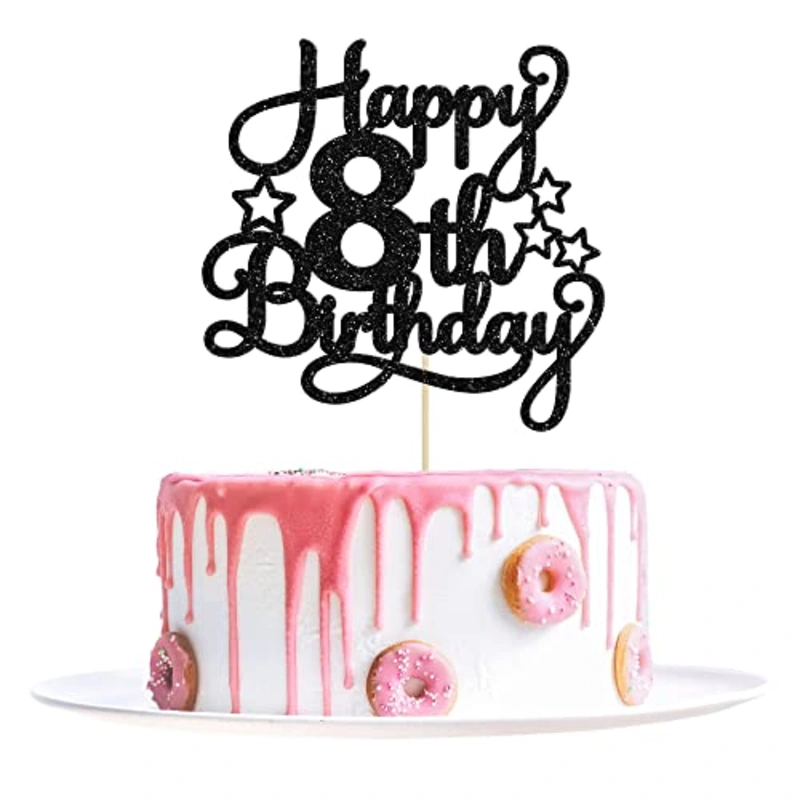1 Pack Happy 8th Birthday Cake Topper Black Glitter 8th Birthday Cheers to 8 Years Old Birthday Cake Pick for Celebrating 8th Birthday Anniversary Party Cake Decorations Supplies