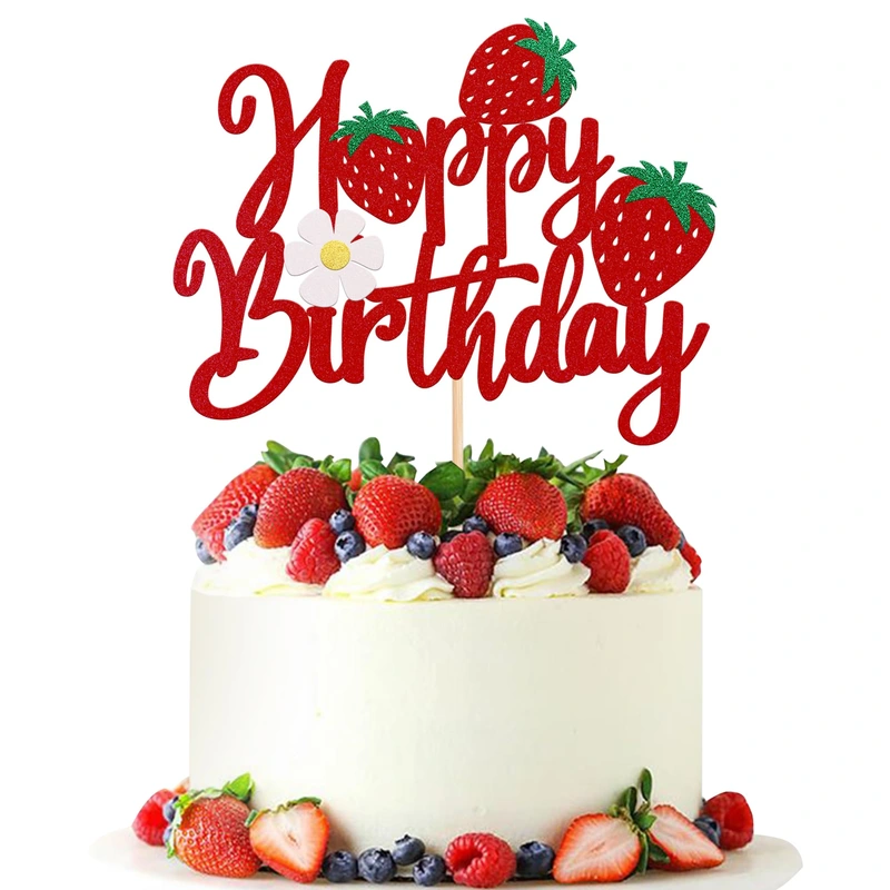1 Pack Happy Birthday Cake Topper Glitter Strawberry Cake Pick for Fruit Theme Baby Shower Kids Birthday Party Strawberry Fruit Party Cake Decorations Supplies