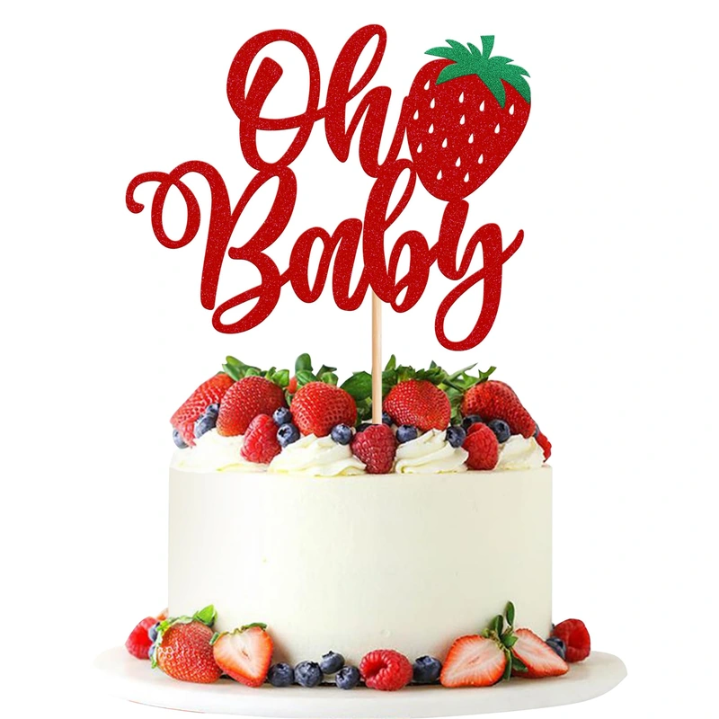 1 Pack Sweet Oh Baby Cake Topper Glitter Oh Baby Strawberry Cake Pick Fruit Berry Cake Decoration for Summer Strawberry Baby Shower Kids Birthday Party Supplies Red