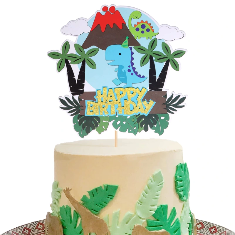1 PCS Dinosaur Happy Birthday Cake Topper with Volcano Palm Leaves Tree Cloud Dinosaur Cake Pick for Dino Theme Baby Shower Kids Girls Boys Birthday Party Cake Decorations Supplies