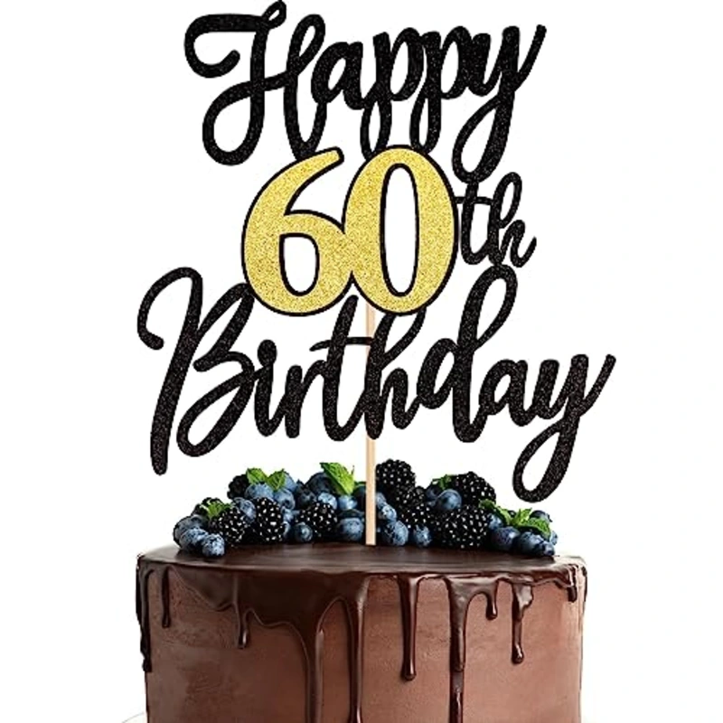 1 PCS Happy 60th Birthday Cake Topper Black Gold Glitter Cheers to 60 Years Birthday Cake Pick 60 Fabulous Cake Decoration for Happy 60th Birthday Anniversary Party Cake Decorations Supplies