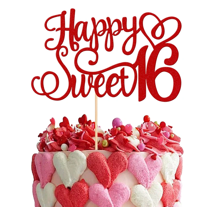 1 PCS Happy Sweet 16 Cake Topper Glitter 16th Birthday Cake Pick Cheers to 16 Years Birthday Cake Decoration for Happy 16th Birthday Anniversary Party Decorations Supplies Red