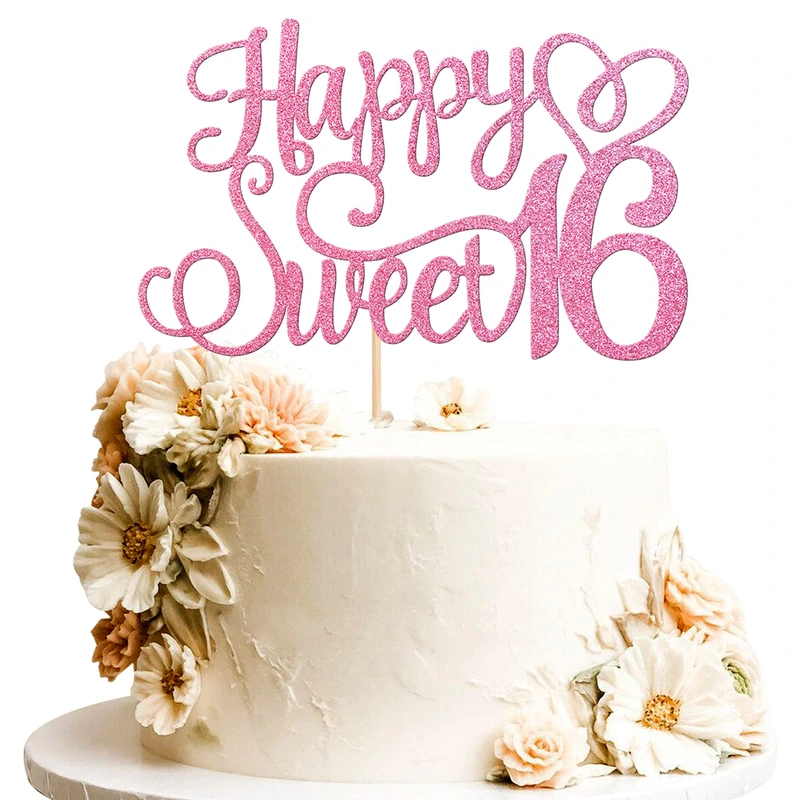 1 PCS Happy Sweet 16 Cake Topper Glitter Hello 16 Cheers to 16 Years Cake Pick Happy 16th Birthday Cake Decoration for Happy 16th Anniversary Birthday Party Decorations Supplies Pink
