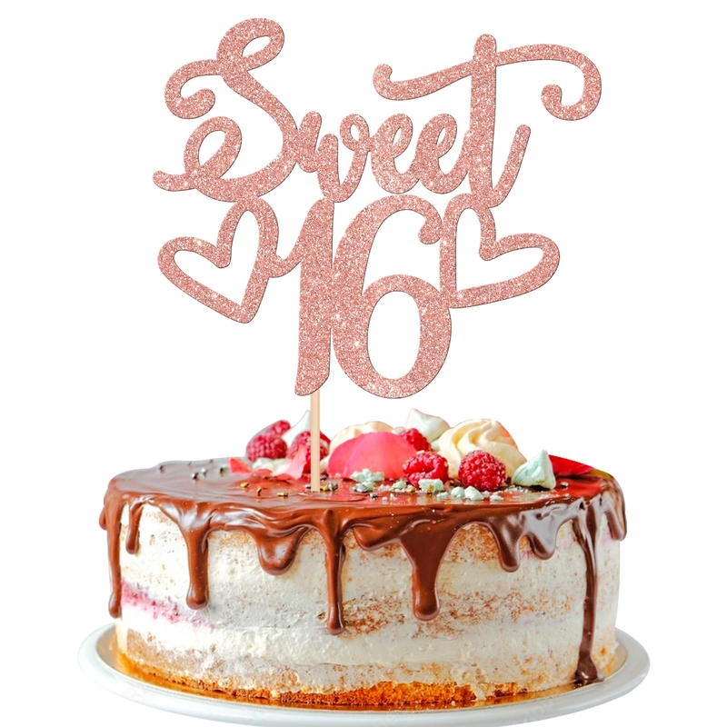 1 PCS Sweet 16 Cake Topper Glitter Heart 16th Birthday Cake Pick Hello 16 Cheers to 16 Years Old Birthday Cake Decorations for Happy 16th Birthday Anniversary Theme Party Supplies Rose Gold