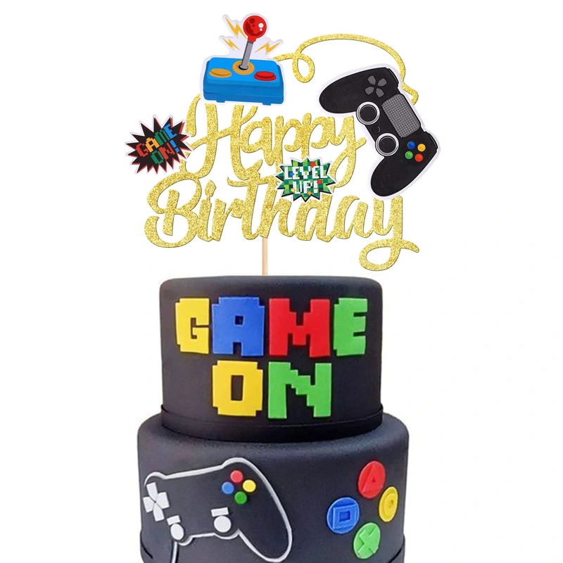1 PCS Video Game Cake Topper Glitter GamePad Game On Controllers Happy Birthday Cake Pick for Game Theme Baby Shower Kids Boys Girls Birthday Party Cake Decorations Supplies Gold