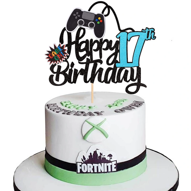 1 PCS Video Game Happy 17th Birthday Cake Topper Glitter Video Game Cake Pick Game On Controllers Seventeen Cheers to 17 Years Cake Decoration for Happy 17th Birthday Party Supplies Blue