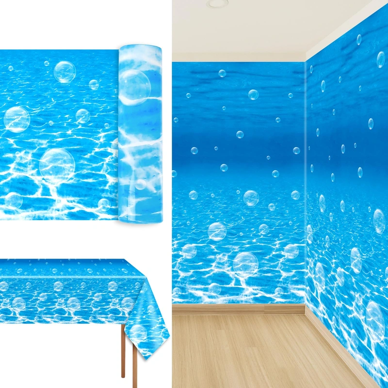 1 Roll 1200×54 Inch Under The Ocean Tablecloth Ocean Themed Backdrop Roll Ocean Classroom Decor Water Table Cover Mermaid Tablecloth Plastic for Kids Bulletin Board Beach Birthday Party Decoration