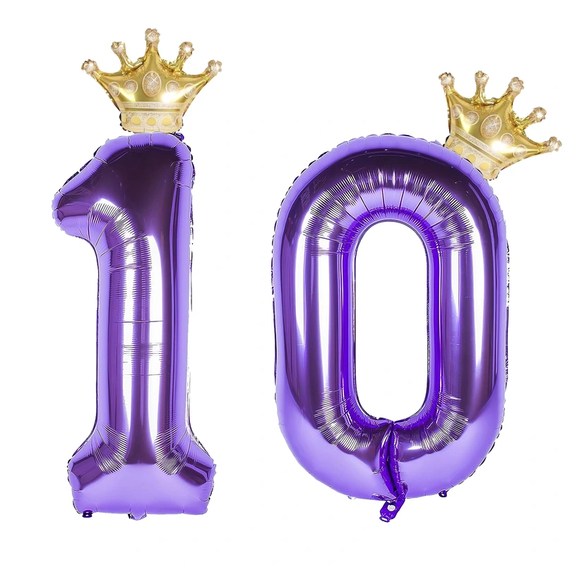 10 Number Balloon Purple 40 inch Big Foil Crown Helium 10th Balloons for 10 Year Old Boy Girl Birthday Party Decorations Wedding Anniversary Events Supplies