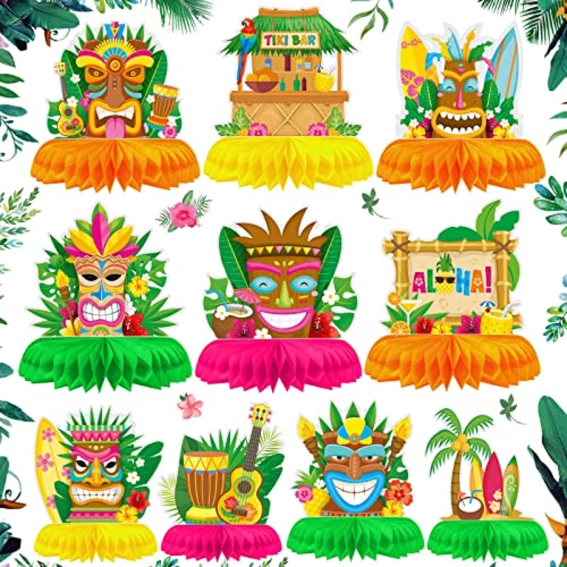 10 Pcs Hawaiian Luau Honeycomb Table Centerpiece Tiki Table Centerpieces Tiki Bar Decorations Luau Party Decorations for Adults Tiki Totem Decor Summer Tropical Honeycomb Centerpiece Beach Theme Decor